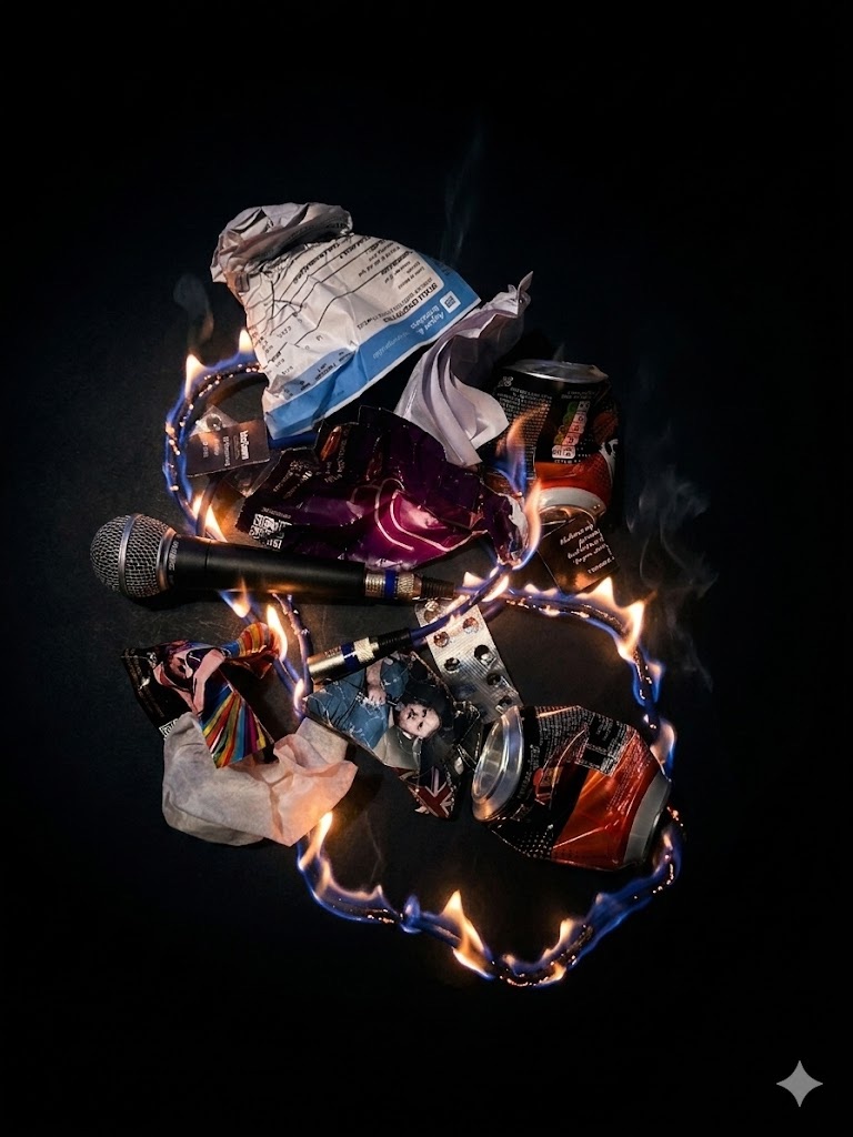 A pile of burning rubbish with a microphone in the middle of it